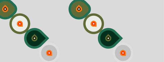 Fototapeta premium Pattern features repeating circles, teardrops. Colors include orange, teal, gray, green. Simple geometric shapes create modern design.