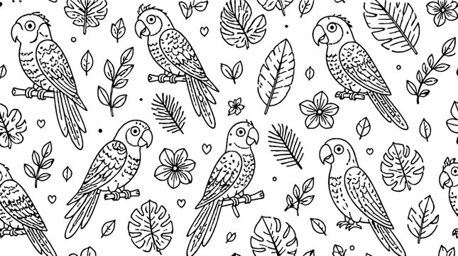 Colorful parrots and tropical leaves pattern design.