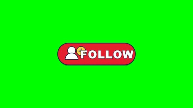 4K green screen FOLLOW - a red follow pill button with a person plus icon that pulses, social media call to action overlay for content creators and youtube, chroma key