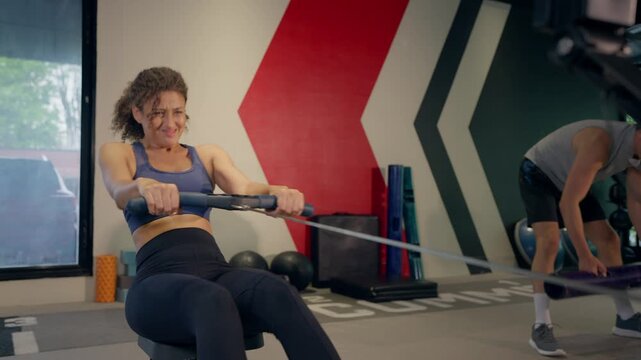 Young athletic woman exercising on rowing machine in fitness gym. 
