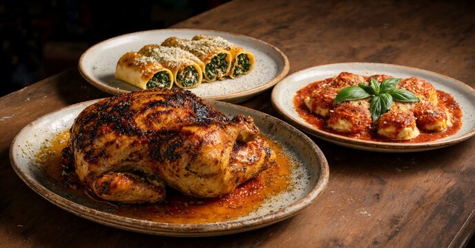 Grilled chicken meat with sauce and various Italian dishes on plates  delicious food