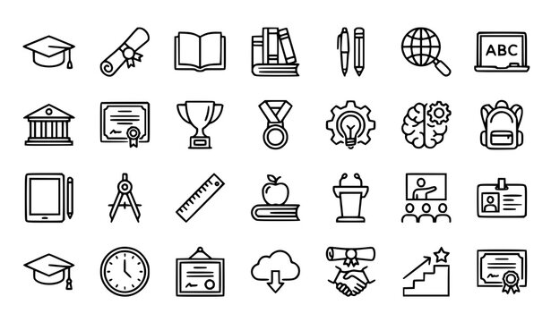 Academic Learning and Graduation Hat Thin Line Icon Pack Vector Set