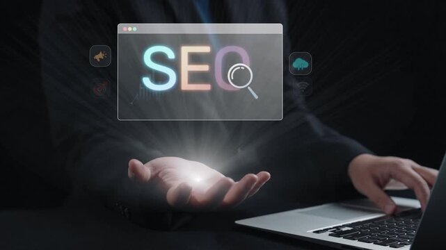SEO concept for improving SEO visibility, with SEO related digital tools and SEO performance icons shown in an focused layout for strategic marketing. Elide
