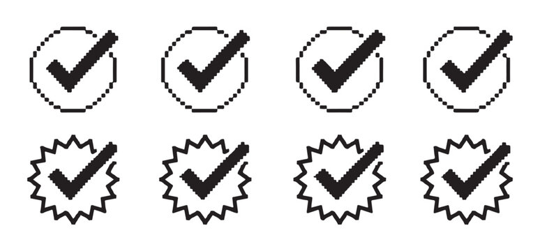 Bold pixel art check mark symbols in circular and jagged badges for retro gaming interfaces.