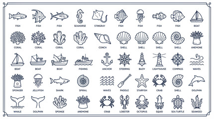 Nautical and marine life icons featuring sea animals and sailing gear © Damung