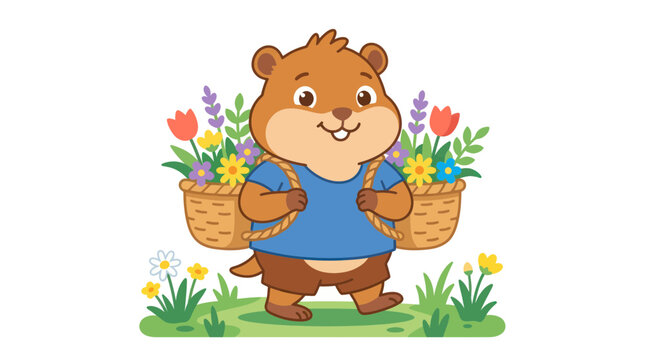 Happy groundhog walking with baskets of vibrant garden blossoms