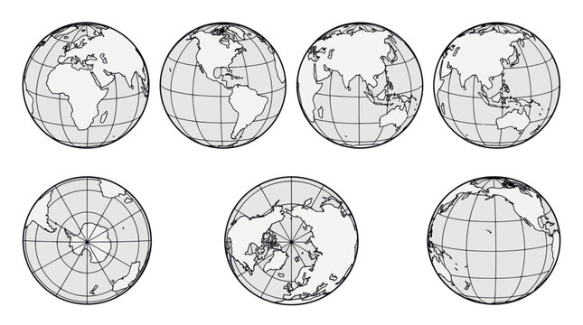 World globe icons set showing different continents and angles