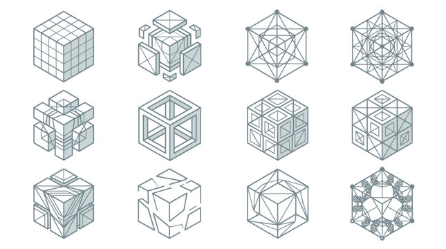 Abstract geometric wireframe cubes and isometric 3d shapes