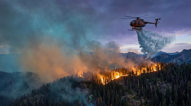 Helicopter drops water on a raging forest wildfire at dusk, with smoke, flames and mountain landscape in a dramatic aerial rescue scene.