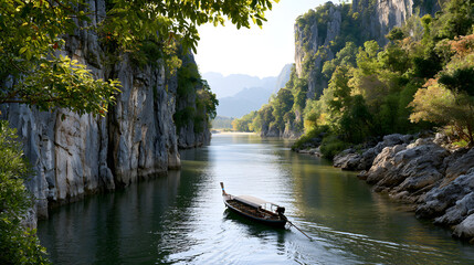 Naklejka premium Serene Longboat Crossing a Glassy River Surrounded by Lush Jungle and Majestic Cliffs at Dawn