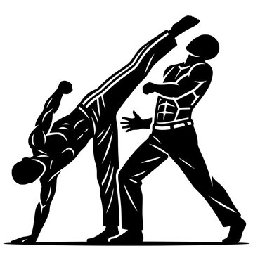 Vector silhouette of two martial artists in dynamic capoeira kick and defense pose. Minimalist design symbolizing rhythm, balance, and athletic motion.