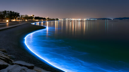 Fototapeta premium Tranquil Night Scene of Bioluminescent Lagoon with Glowing Blue Water and Stars Above