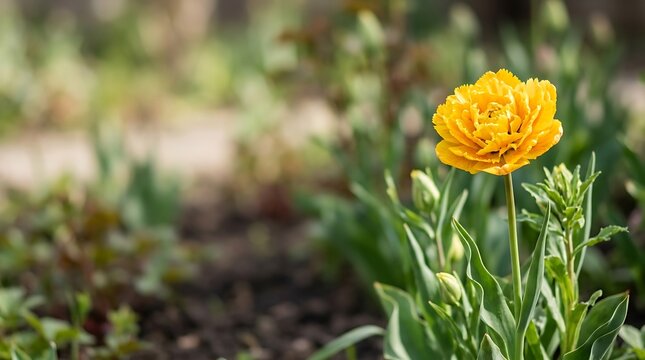 Bright yellow double tulip blooming in a sunny spring garden
