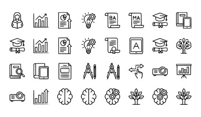 Fototapeta premium Academic Learning and Degree Thin Line Icons with Woman Book and Idea Symbols