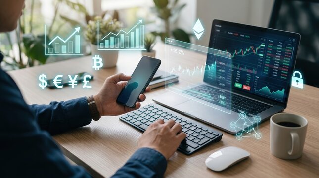 Trader analyzing cryptocurrency market charts on laptop and phone, bitcoin trading platform, blockchain technology investment concept