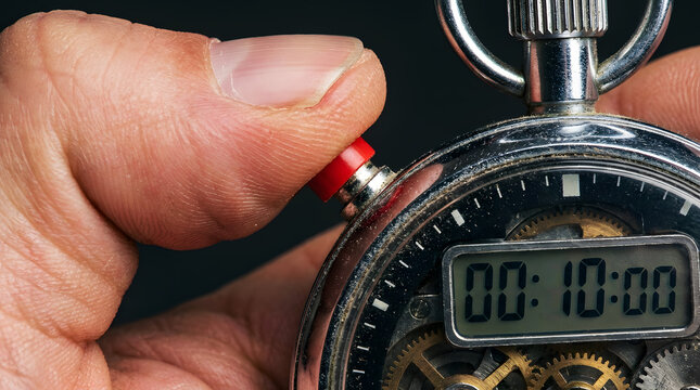 Macro shot of a hand pressing the button of a vintage digital stopwatch