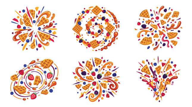 Dynamic Belgian waffle explosions and fruit splashes featuring honey swirls and mixed berries