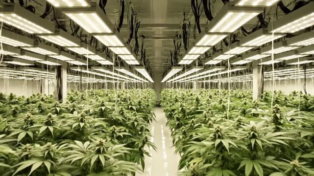 Rows of healthy cannabis plants growing in a high-tech indoor commercial facility under bright LED lights