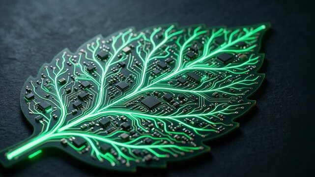 Macro close up of futuristic eco friendly bio circuit board, abstract green leaf pattern with glowing emerald and mint neon light trails pulsing through veins, sustainable technology concept
