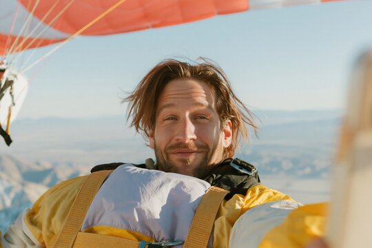 Male paraglider taking a selfie while flying high above a mountain landscape with a golden, wind-swept glow for travel and extreme sport lifestyle