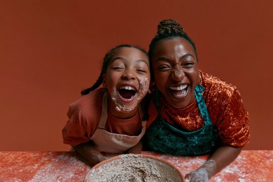A happy mother and daughter laughing while baking in a warm kitchen, with flour and batter on their faces, for family home lifestyle content