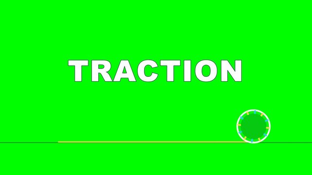 4K green screen TRACTION animated title - a slipping wheel grips and rolls forward leaving a track, kinetic typography motion graphics intro overlay, chroma key