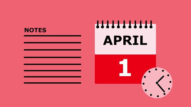 April 1st calendar page with notes on pink background April fools day calendar notes to do list.