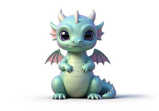 Cute blue cartoon dragon sitting isolated on white background 3D render