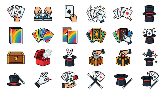 Magic tricks and illusions icons.