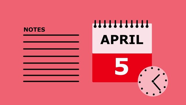 April 5th calendar page on pink background with notes section date month.