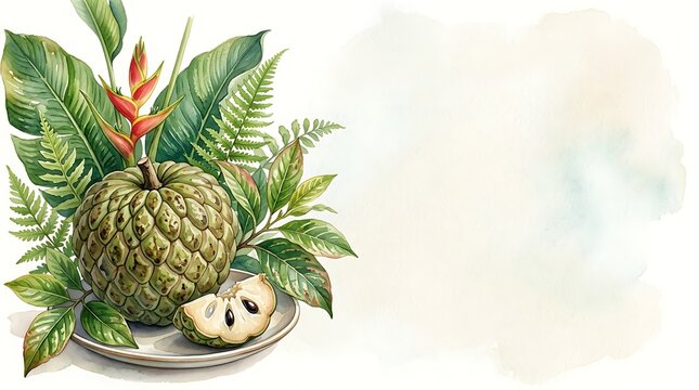 Watercolor tropical cherimoya fruit with exotic leaves and flowers