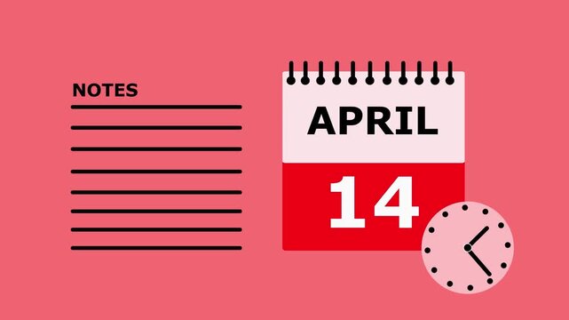 April 14 calendar page notes red background date.