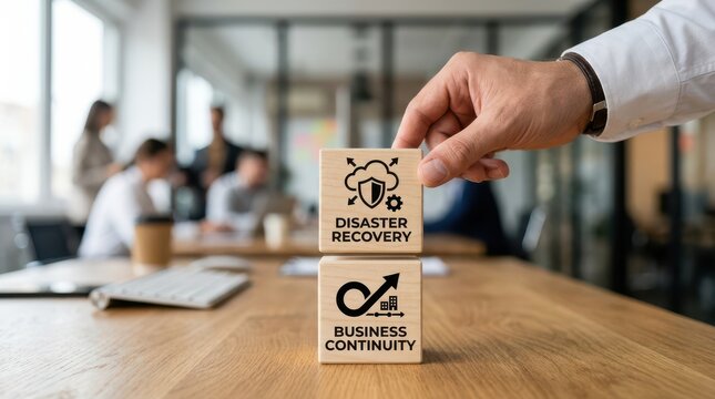 Business continuity and disaster recovery concept with wooden blocks on office table
