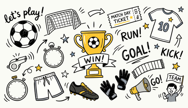 Soccer doodle set with hand drawn trophy ball goal and equipment icons in vector illustration