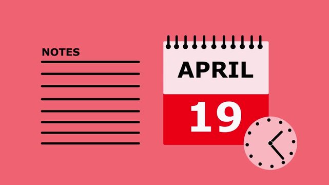 Calendar page showing April 19th with notes section on pink background date.