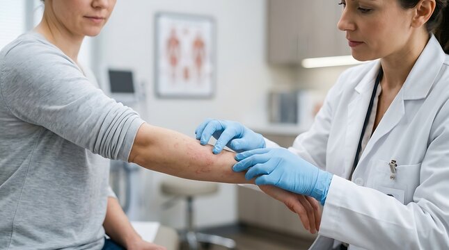 Female Doctor Administers Injection to Woman's Arm in a Modern Medical Clinic for Health and Wellness