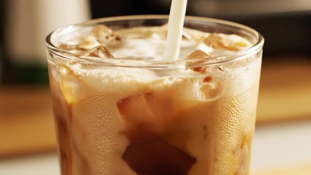 Fresh milk pouring into a glass of cold iced coffee