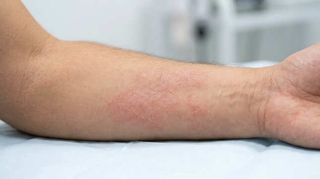 Close-up of a person's forearm with a red, inflamed allergic skin rash, possibly eczema, dermatitis, or hives. Medical condition, skin irritation, ...