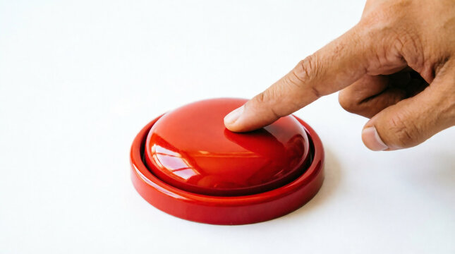 Hand pressing shiny button symbolizing decision urgency activation trigger action responsibility.