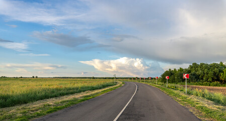Fototapeta premium Serene, empty highway meanders through a sea of golden wheat under an expansive