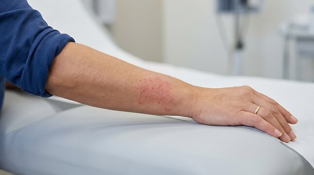 Close-up of Person's Arm with Red Inflamed Rash on Examination Table, Indicating Dermatological Condition or Allergic Reaction
