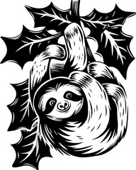 Fototapeta premium Cute New Year tattoo design, SVG with clean lines. Cute sloth hanging on a branch with leaves in black and white style