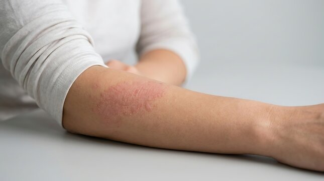 Close-up of a painful red allergic rash or dermatitis on a person's forearm, showing inflamed and irritated skin, possibly from eczema or hives.
