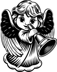 Obraz premium Cute New Year tattoo design, SVG with clean lines. Vintage Angel Character with Trumpet in Black and White Design