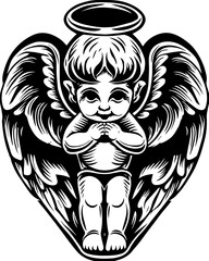 Naklejka premium Cute New Year tattoo design, SVG with clean lines. Vintage Black and White Angelic Cherub Illustration with Wings