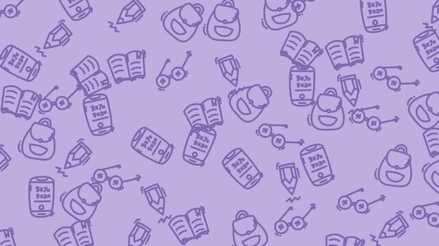 Purple background school pattern backpacks pencils open books glasses notebooks education supplies design. 
