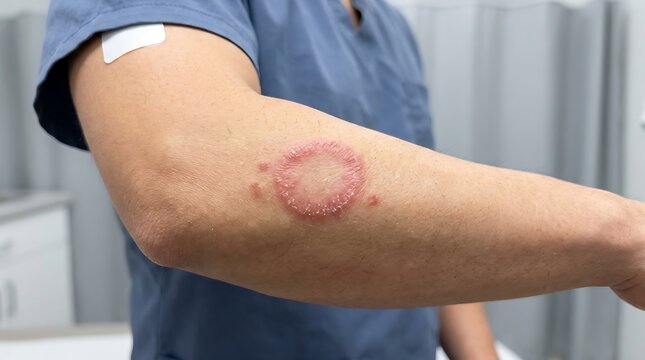 Close-up of a visible ringworm fungal infection (tinea corporis) on a person's forearm, characterized by a red, circular, and itchy rash, indicatin...