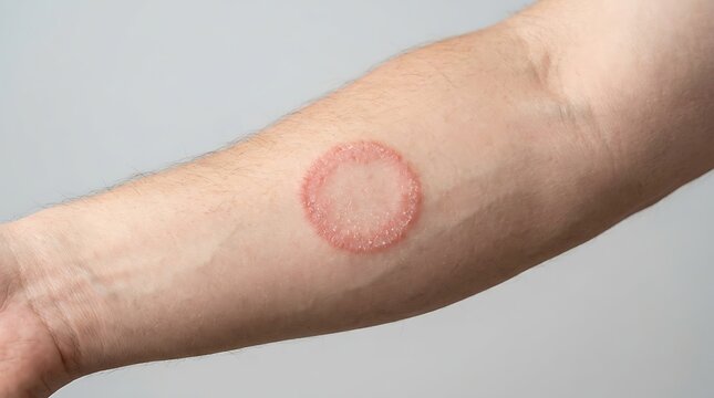 Close-up of a distinct red circular fungal skin rash, known as ringworm (tinea corporis), visible on a person's forearm.