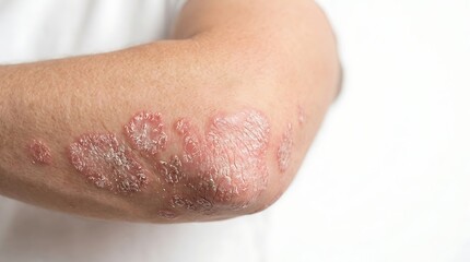 Fototapeta premium Detailed close-up of psoriasis plaques on a human elbow, illustrating dry, scaly, and inflamed skin characteristic of this chronic dermatological c...