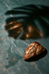 Naklejka premium Realistic human liver casting a protective leaf-shaped shadow on a textured slate surface for healthcare and prevention campaigns